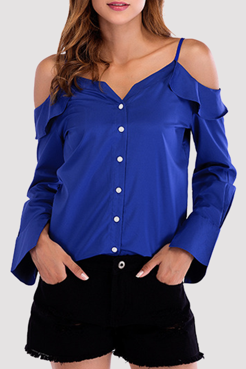 Casual Solid Buckle Flounce Off the Shoulder Tops（4 colors）