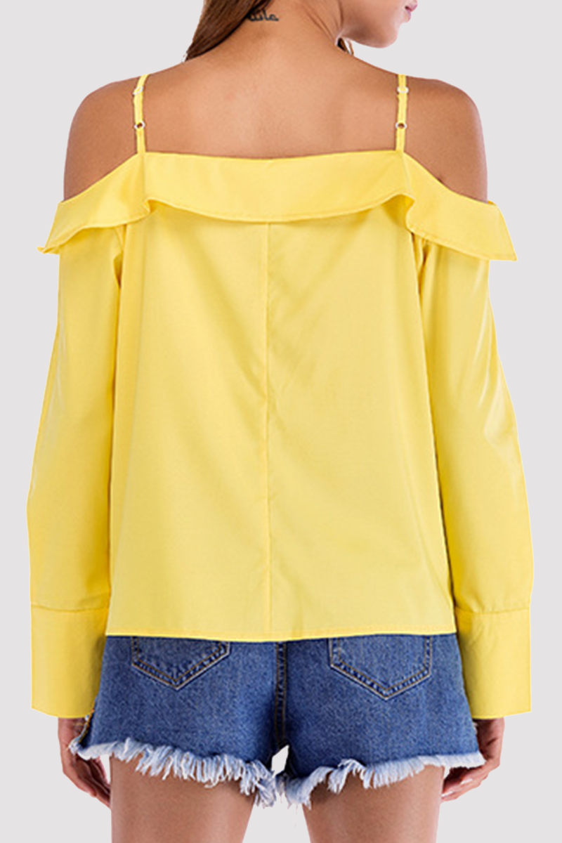 Casual Solid Buckle Flounce Off the Shoulder Tops（4 colors）