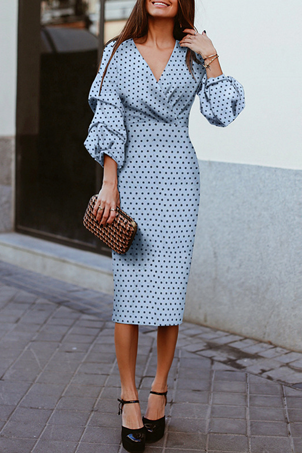 Fashion Elegant Polka Dot Split Joint Fold V Neck Waist Skirt Dresses