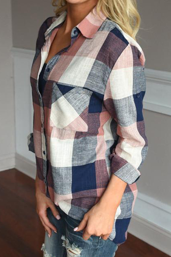 Casual Plaid Pocket Buckle Turndown Collar Tops