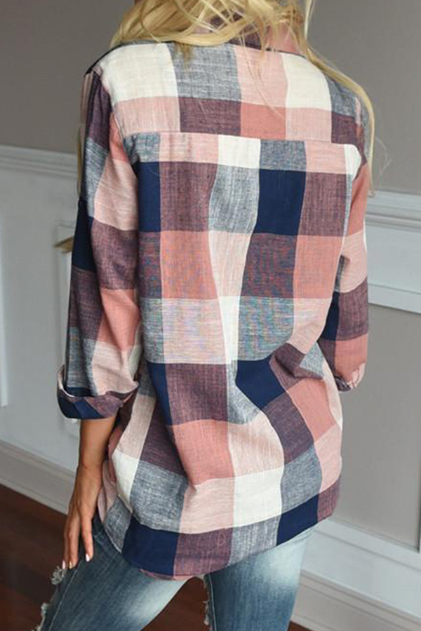 Casual Plaid Pocket Buckle Turndown Collar Tops