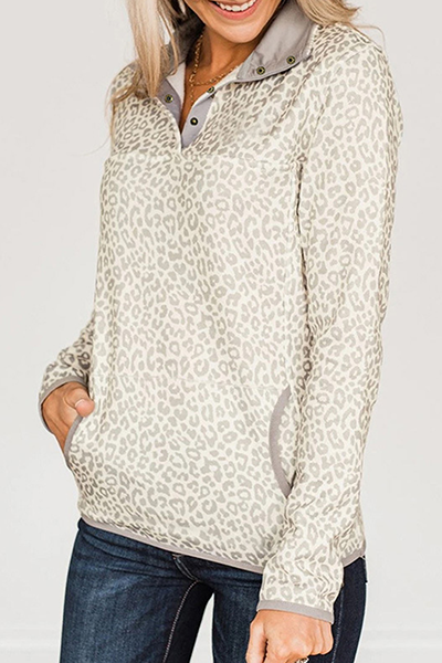 Casual Leopard Pocket Buckle Tops