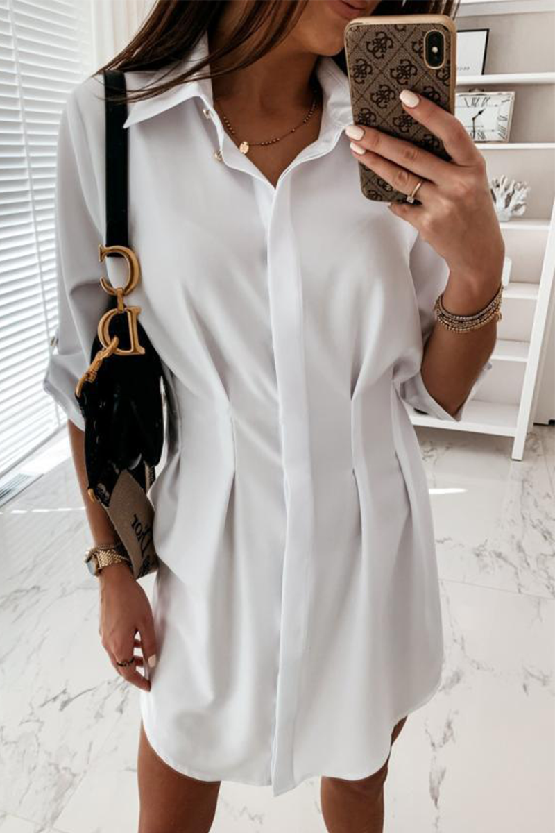 Fashion Casual Solid Buckle Fold Turndown Collar Shirt Dress Dresses（3 colors）