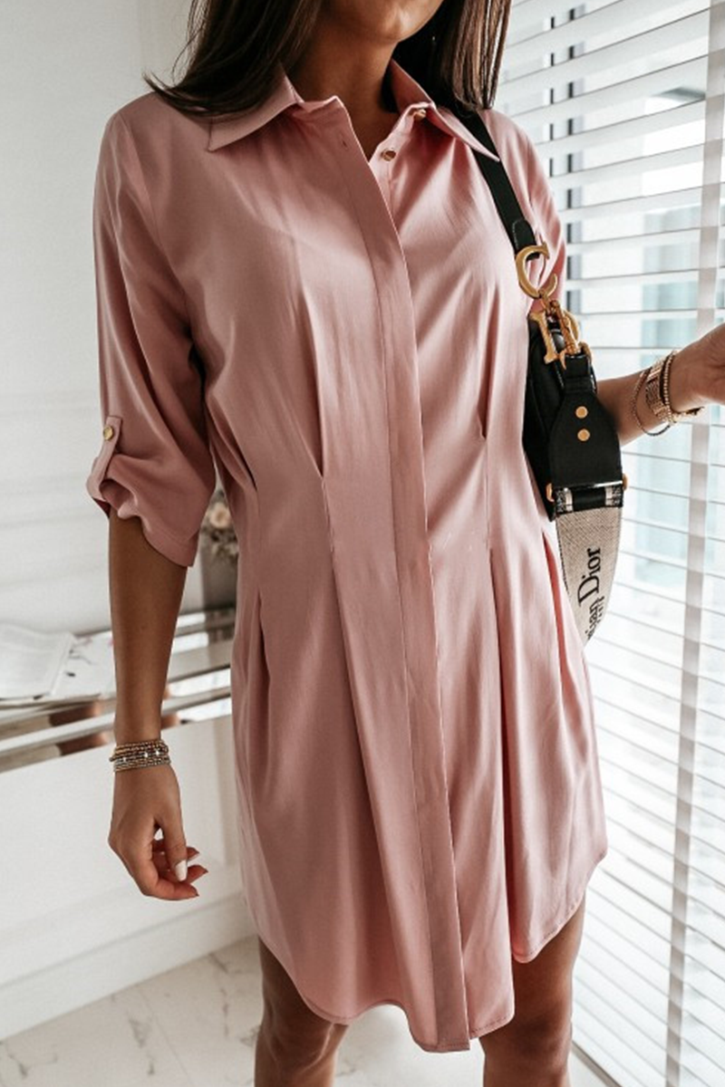 Fashion Casual Solid Buckle Fold Turndown Collar Shirt Dress Dresses（3 colors）