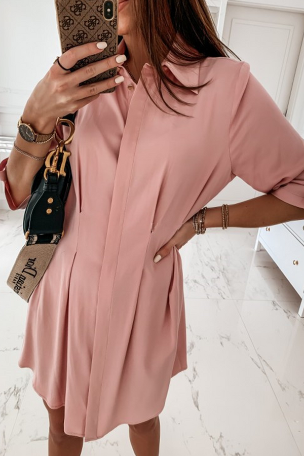 Fashion Casual Solid Buckle Fold Turndown Collar Shirt Dress Dresses（3 colors）