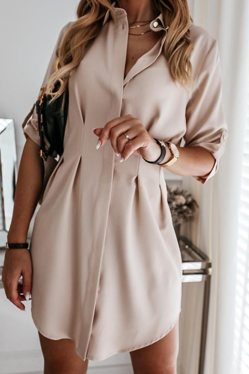 Fashion Casual Solid Buckle Fold Turndown Collar Shirt Dress Dresses（3 colors）