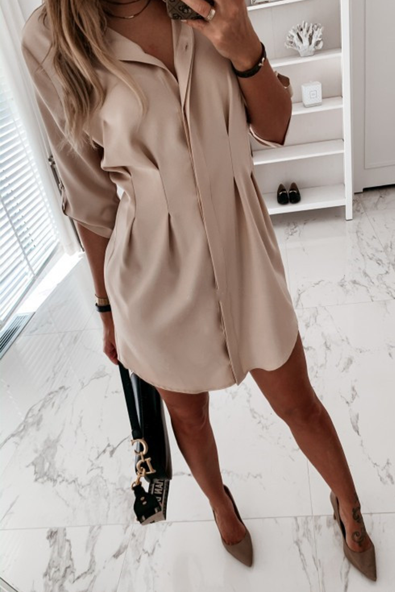 Fashion Casual Solid Buckle Fold Turndown Collar Shirt Dress Dresses（3 colors）