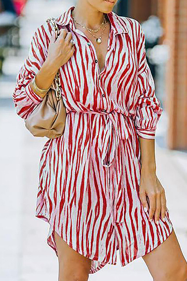 Fashion Casual Striped Buckle With Belt Turndown Collar Shirt Dress Dresses（7 colors）