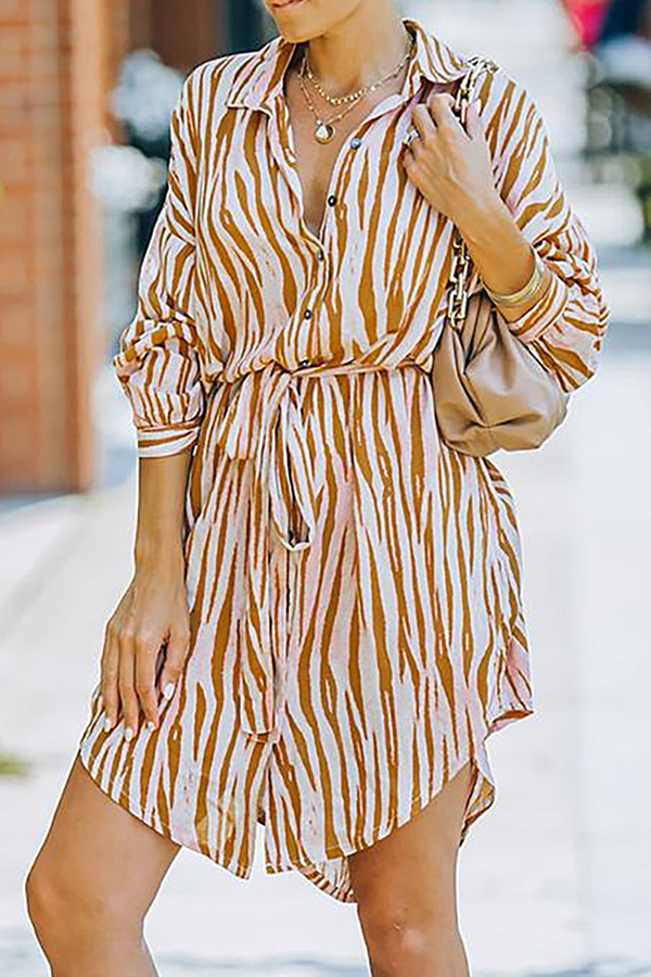 Fashion Casual Striped Buckle With Belt Turndown Collar Shirt Dress Dresses（7 colors）