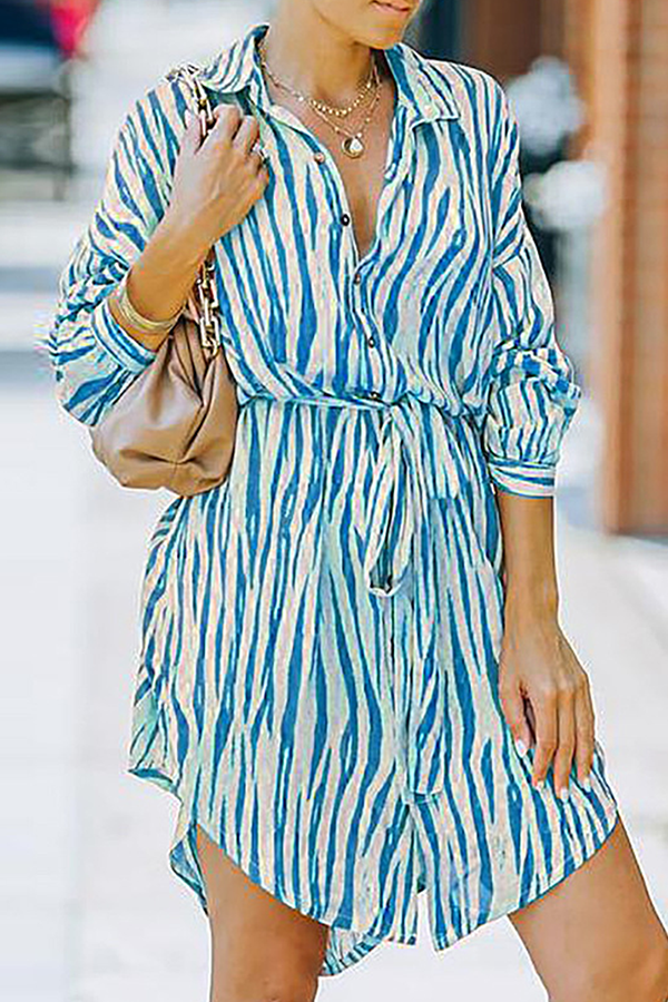 Fashion Casual Striped Buckle With Belt Turndown Collar Shirt Dress Dresses（7 colors）