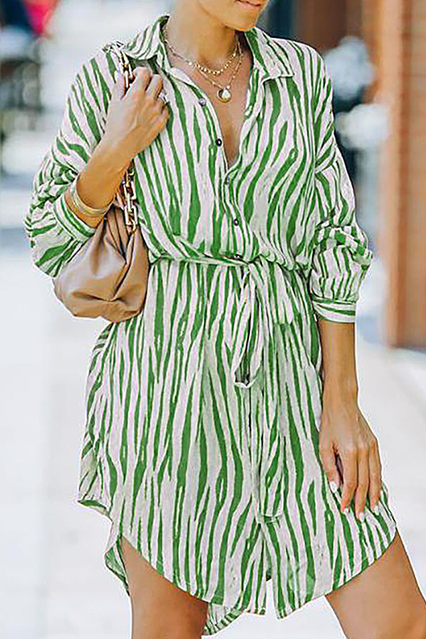 Fashion Casual Striped Buckle With Belt Turndown Collar Shirt Dress Dresses（7 colors）