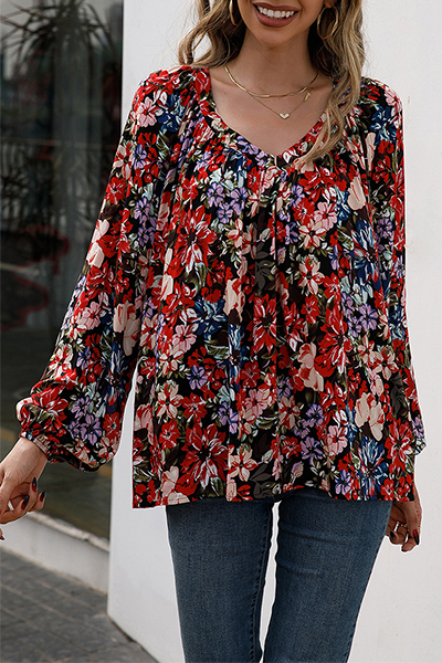 Fashion Casual Floral Split Joint Fold V Neck Tops