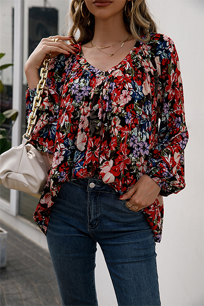 Fashion Casual Floral Split Joint Fold V Neck Tops