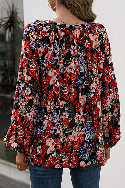 Fashion Casual Floral Split Joint Fold V Neck Tops