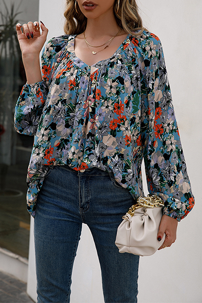 Fashion Casual Floral Split Joint Fold V Neck Tops