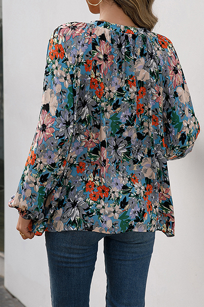 Fashion Casual Floral Split Joint Fold V Neck Tops