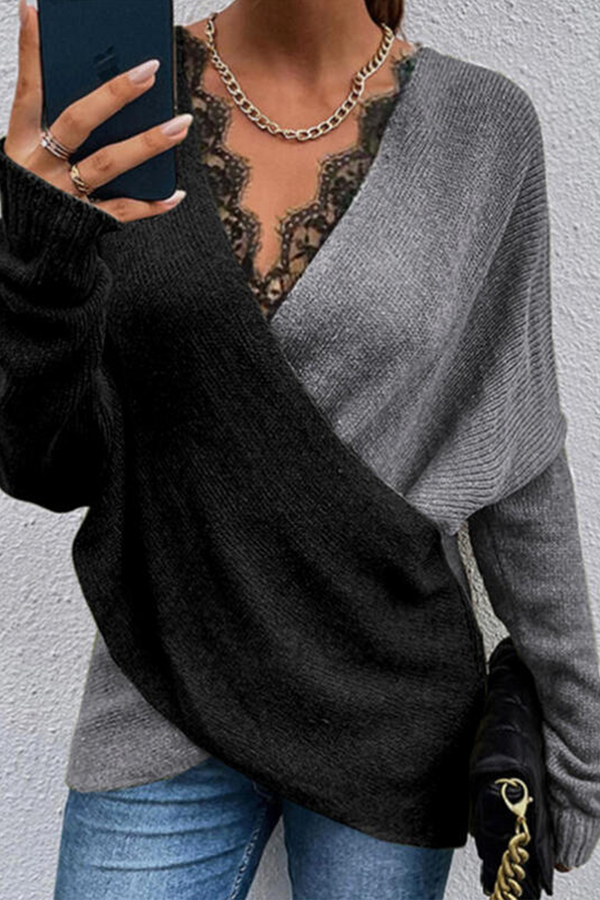 Casual Patchwork Lace Contrast V Neck Tops(3 Colors)