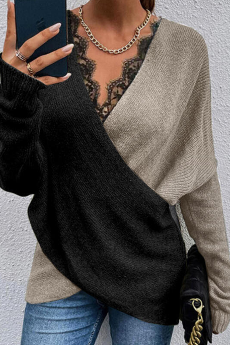 Casual Patchwork Lace Contrast V Neck Tops(3 Colors)