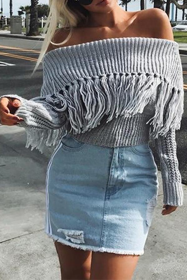 Casual Elegant Solid Tassel Split Joint Off the Shoulder Tops