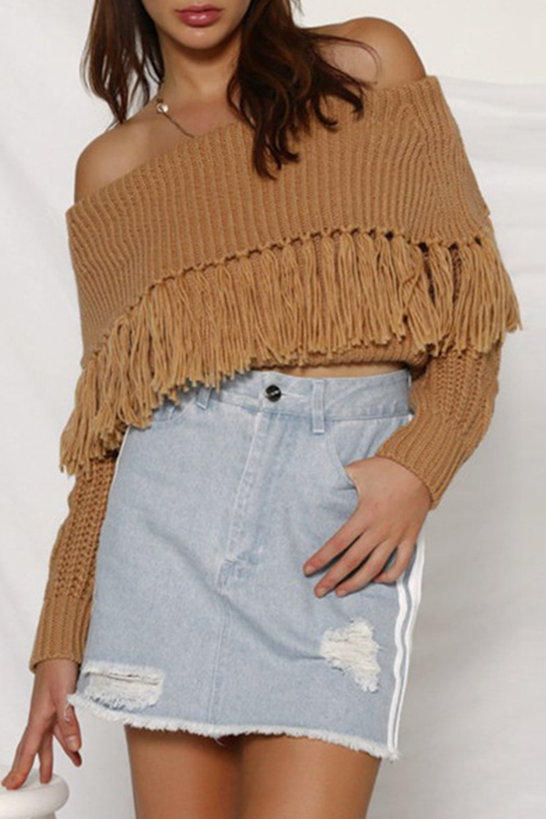 Casual Elegant Solid Tassel Split Joint Off the Shoulder Tops