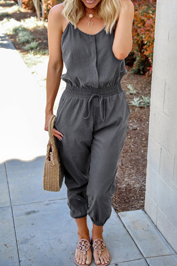 Casual Solid Draw String Pocket Capris V Neck Jumpsuits