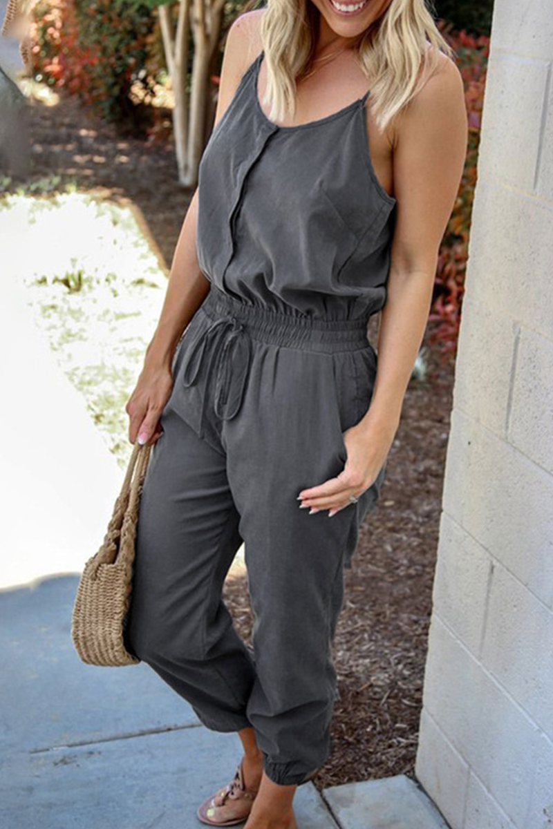 Casual Solid Draw String Pocket Capris V Neck Jumpsuits