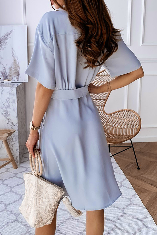 Casual Solid Buckle With Belt Turndown Collar Dresses