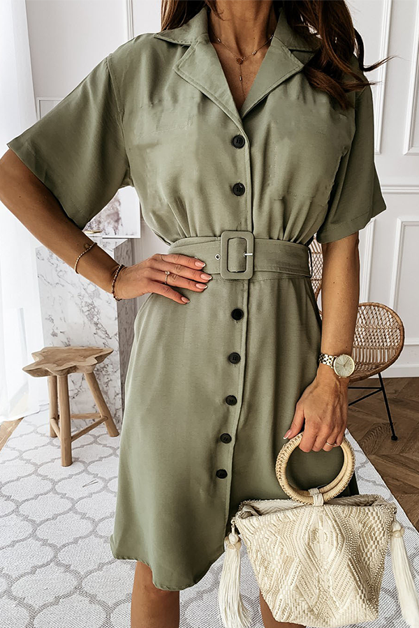 Casual Solid Buckle With Belt Turndown Collar Dresses