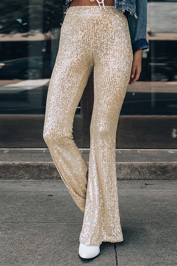 Fashion Street Solid Sequins Split Joint Speaker Solid Color Bottoms