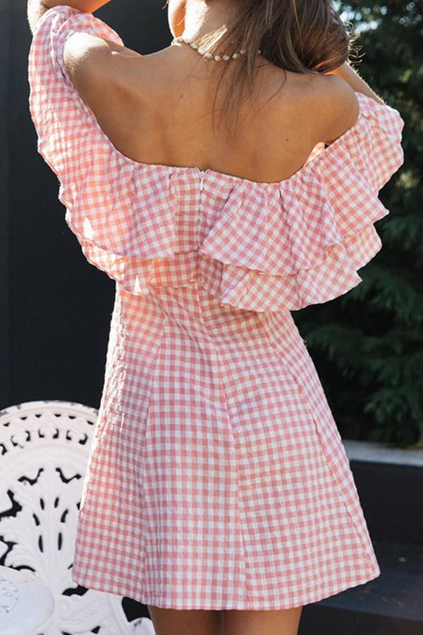 Fashion Sweet Plaid Split Joint Flounce Off the Shoulder A Line Dresses