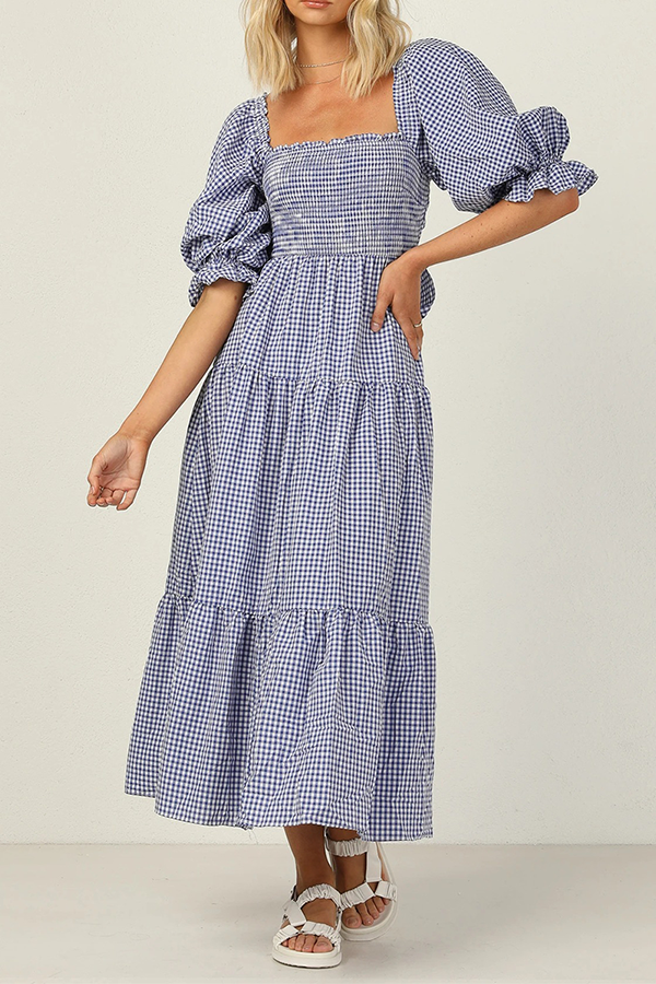 Fashion Casual Plaid Flounce Fold Square Collar Dresses