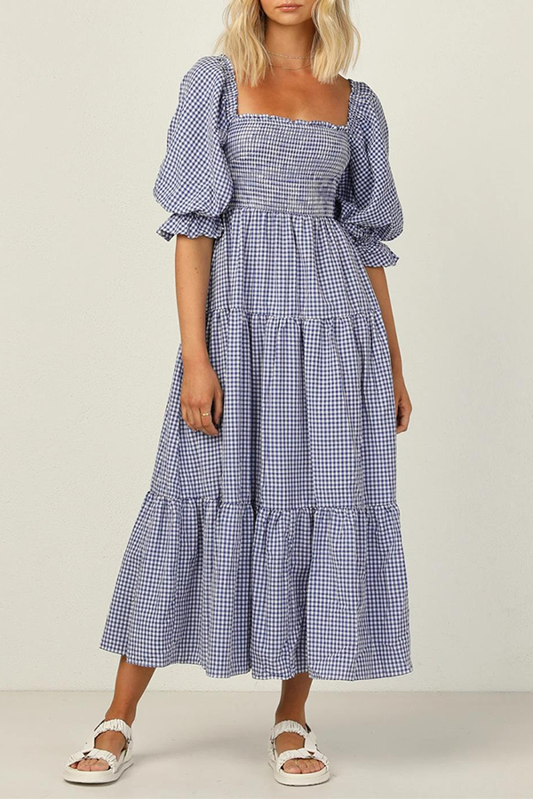 Fashion Casual Plaid Flounce Fold Square Collar Dresses