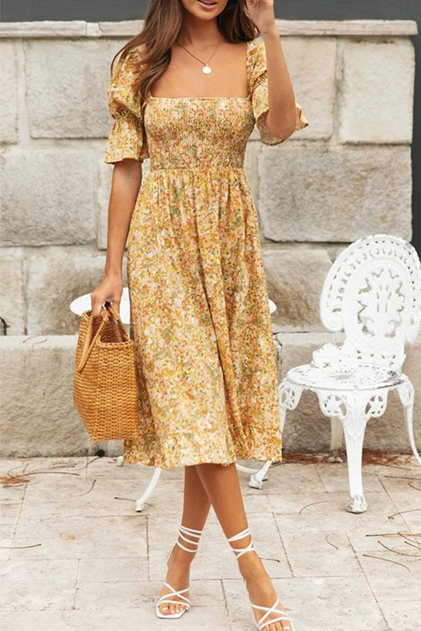 Fashion Elegant Floral Flounce Fold Square Collar Dresses