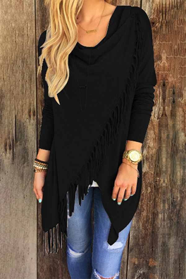 Casual Solid Tassel Split Joint Slit Asymmetrical Collar Tops