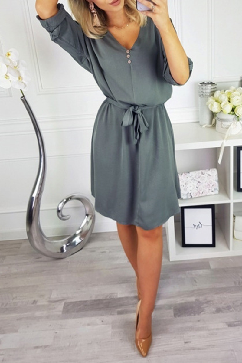 Fashion Casual Solid Buttons Strap Design V Neck Dresses