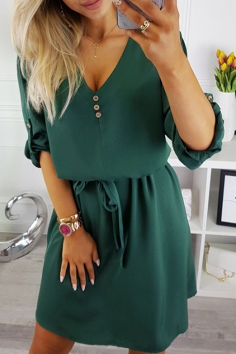 Fashion Casual Solid Buttons Strap Design V Neck Dresses