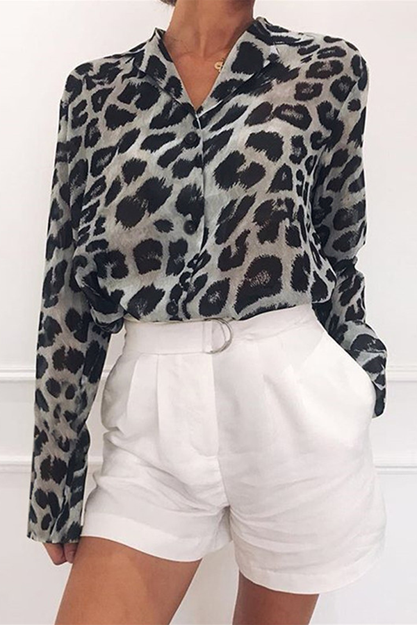 Fashion Casual Leopard Buckle Turndown Collar Tops(4 colors)