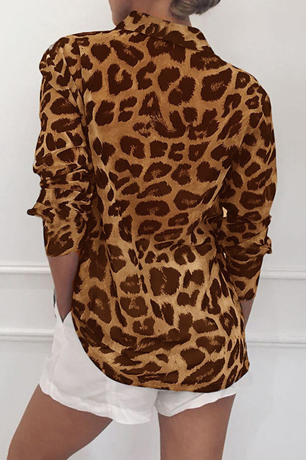 Fashion Casual Leopard Buckle Turndown Collar Tops(4 colors)