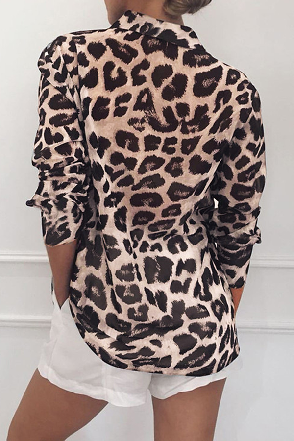 Fashion Casual Leopard Buckle Turndown Collar Tops(4 colors)