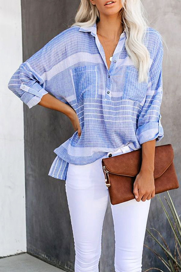 Casual Plaid Pocket Buckle Turndown Collar Tops