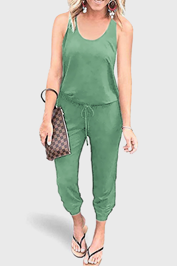 Casual Solid Split Joint Frenulum U Neck Jumpsuits（4 colors）