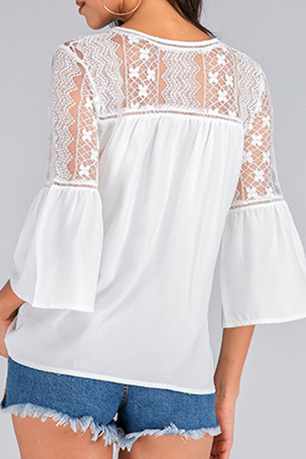 Casual Elegant Solid Lace Ripped Buckle O Neck Tops