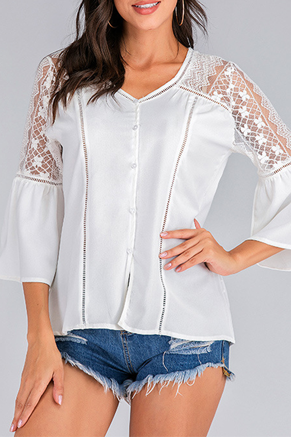 Casual Elegant Solid Lace Ripped Buckle O Neck Tops