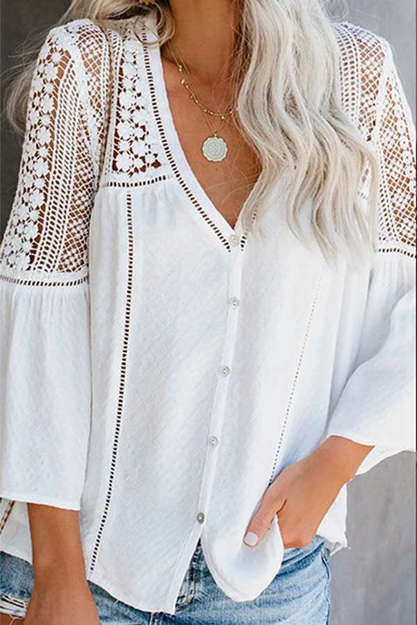 Casual Elegant Solid Lace Ripped Buckle O Neck Tops