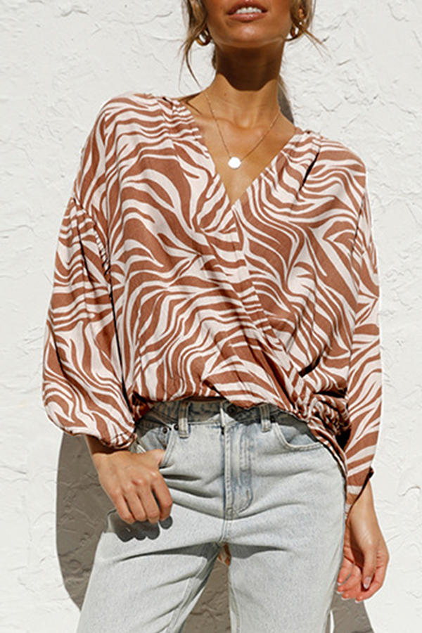 Casual Animal Print Split Joint Asymmetrical V Neck Tops