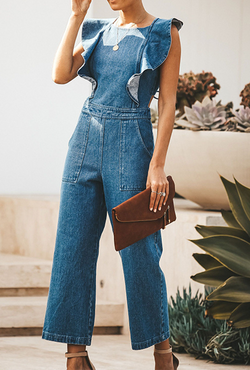 Sexy Solid Flounce Square Collar Boot Cut Jumpsuits