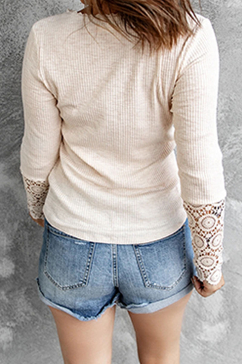 Casual Patchwork Lace Buckle O Neck Tops