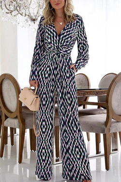 Casual Print Split Joint V Neck Boot Cut Jumpsuits