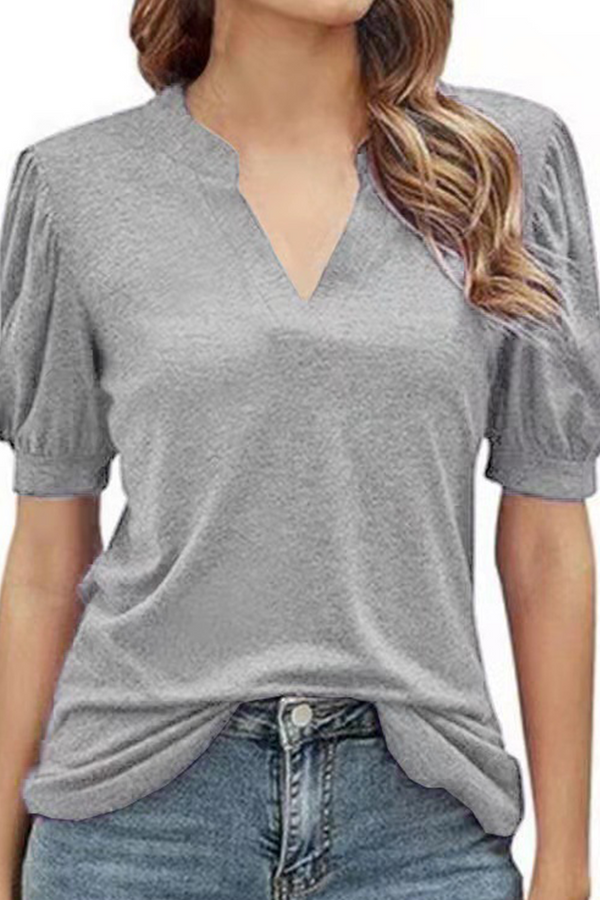 Casual Solid Split Joint V Neck T-Shirts