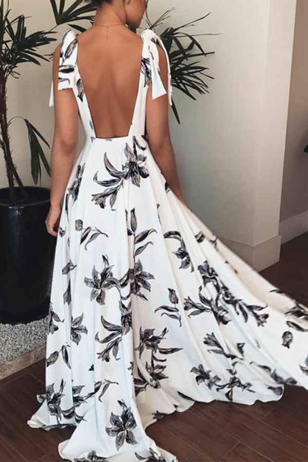 Casual Print Split Joint V Neck Cake Skirt Dresses